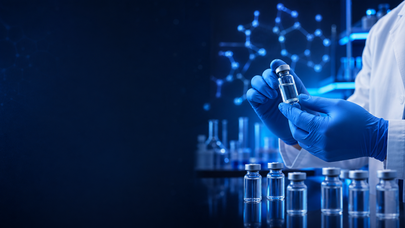 Blue-lit peptide research laboratory and vial